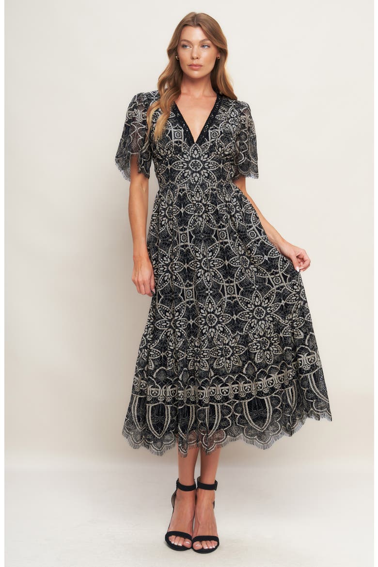 Two-Tone Lace Short Sleeve Midi Dress, Alternate, color, BLACK