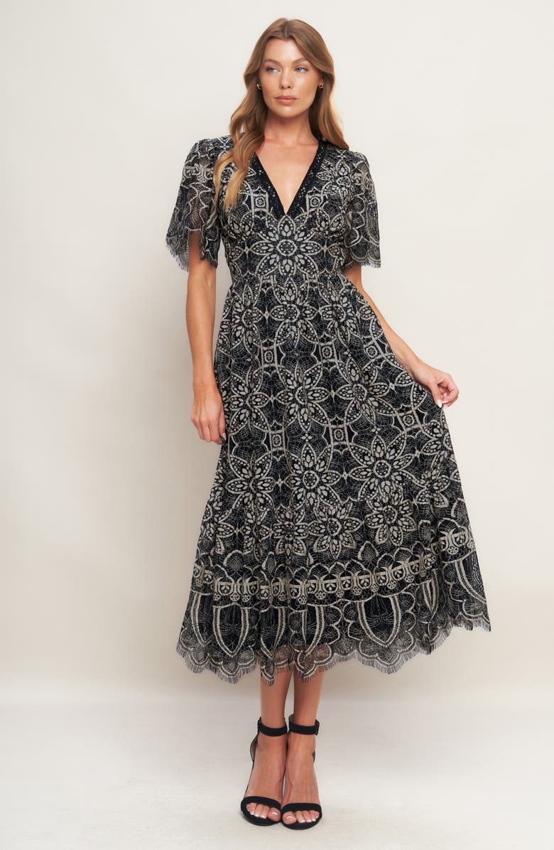 FLYING TOMATO Two-Tone Lace Short Sleeve Midi Dress, Alternate, color, Black