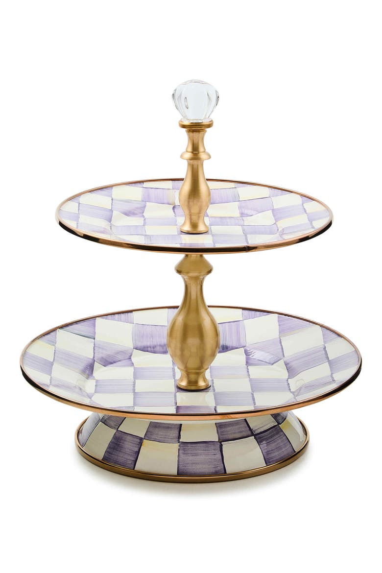 Violet Check Enameled Steel 2-Tier Sweet Stand, Main, color, VIOLET