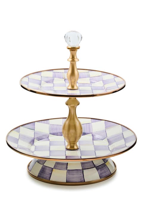 Violet Check Enameled Steel 2-Tier Sweet Stand