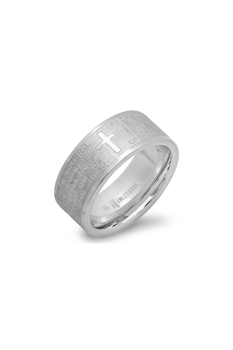 Padre Nuestro Stainless Steel Band Ring, Main, color, SILVER