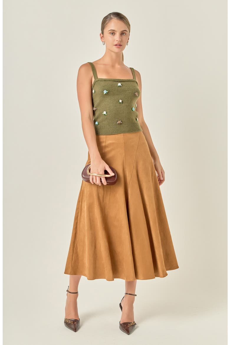 Faux Suede Flared Midi Skirt, Alternate, color, CAMEL