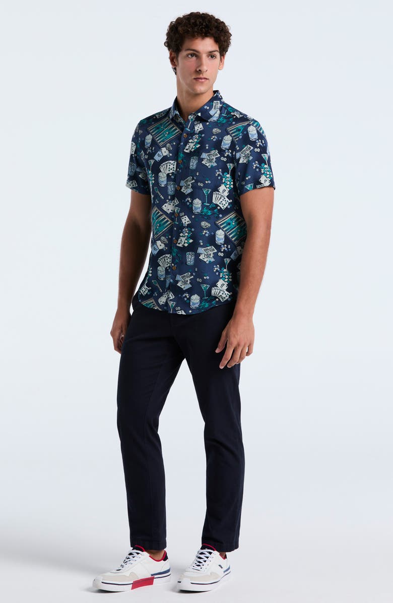 Original Penguin Poker Table Print Short Sleeve Button-Up Shirt, Alternate, color, Sargasso Sea