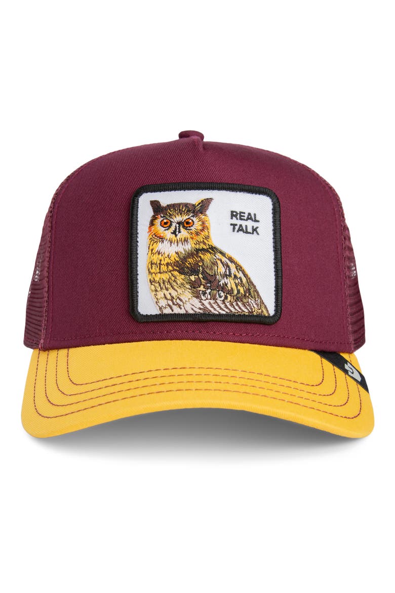 Real Talk Owl Patch Snapback Trucker Hat, Alternate, color, DESIRE / BEAM