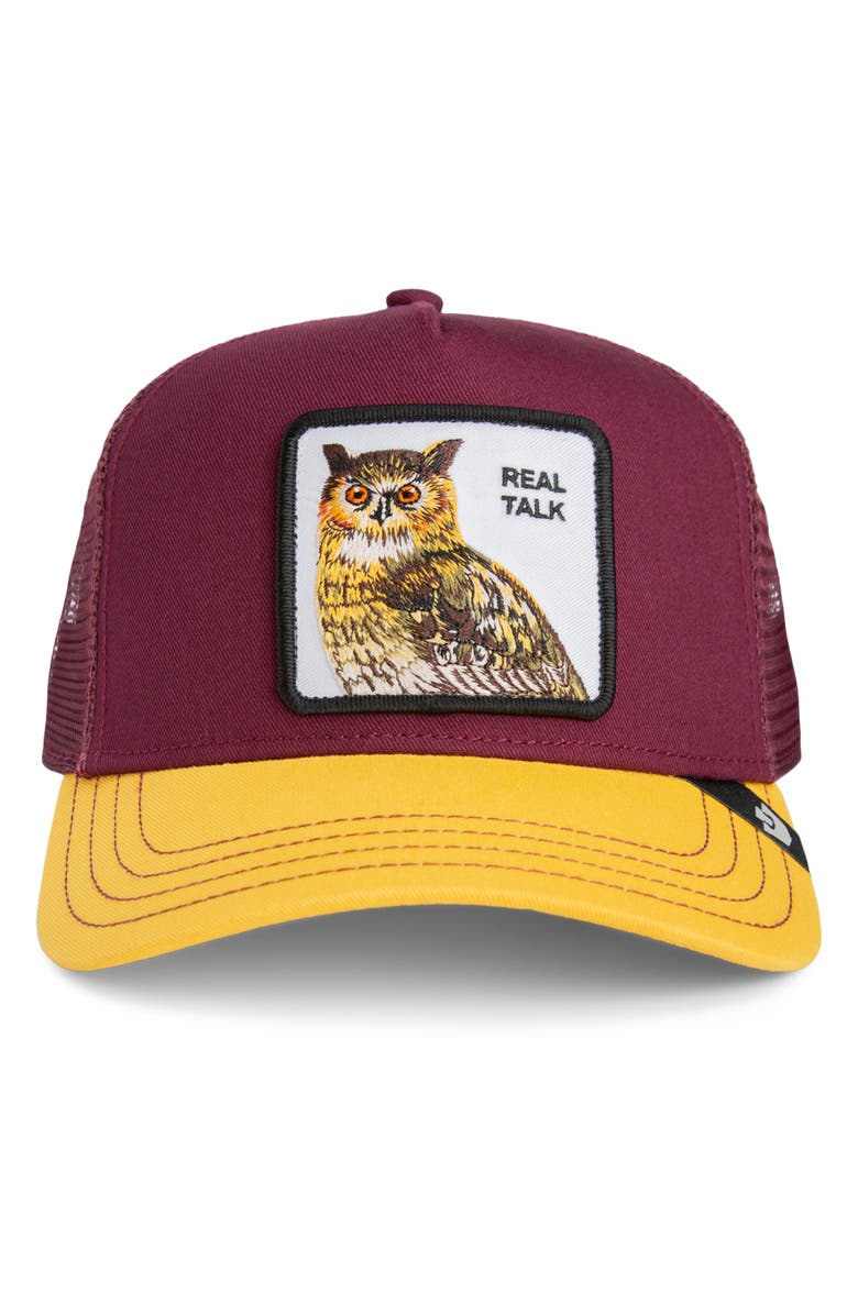 Goorin Bros. Real Talk Owl Patch Snapback Trucker Hat, Alternate, color, Desire / Beam