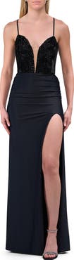 La Femme Ruched Jersey Prom Dress with Rhinestone Top and Deep V