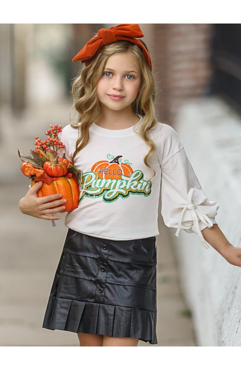 Mia Belle Girls Girls Hello Pumpkin Satin Pleated Skirt Set, Alternate, color, Crème