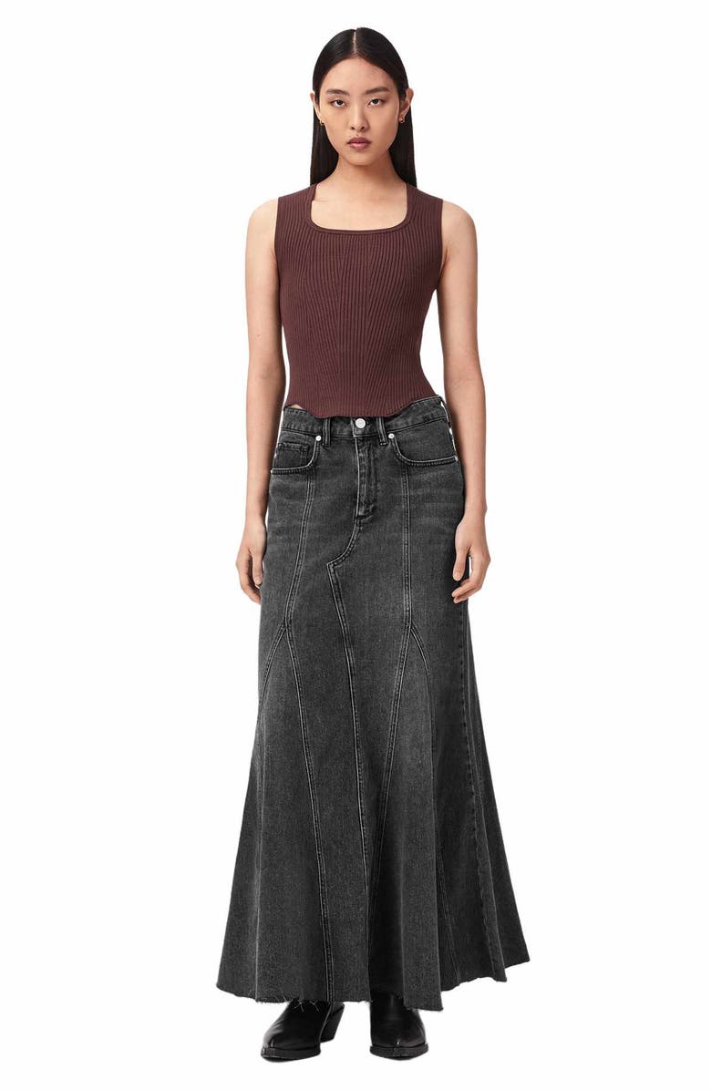 AllSaints Alma Flare Denim Maxi Skirt, Alternate, color, Washed Black
