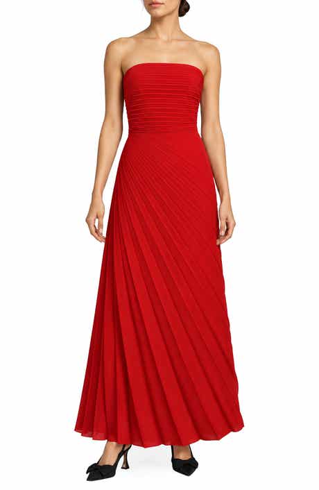 Pleated Satin Strapless Midi Dress