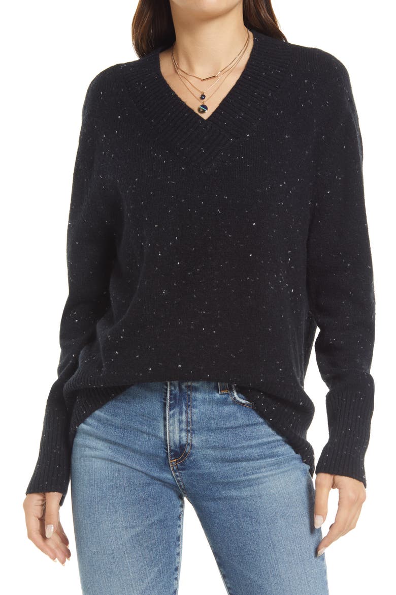 Cozy Nep Flecked V-Neck Sweater, Main, color, BLACK