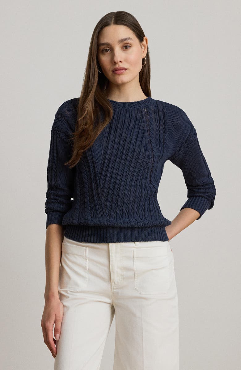 Lauren Ralph Lauren Pointelle & Cable Detail Cotton Sweater, Alternate, color, Shadow Navy