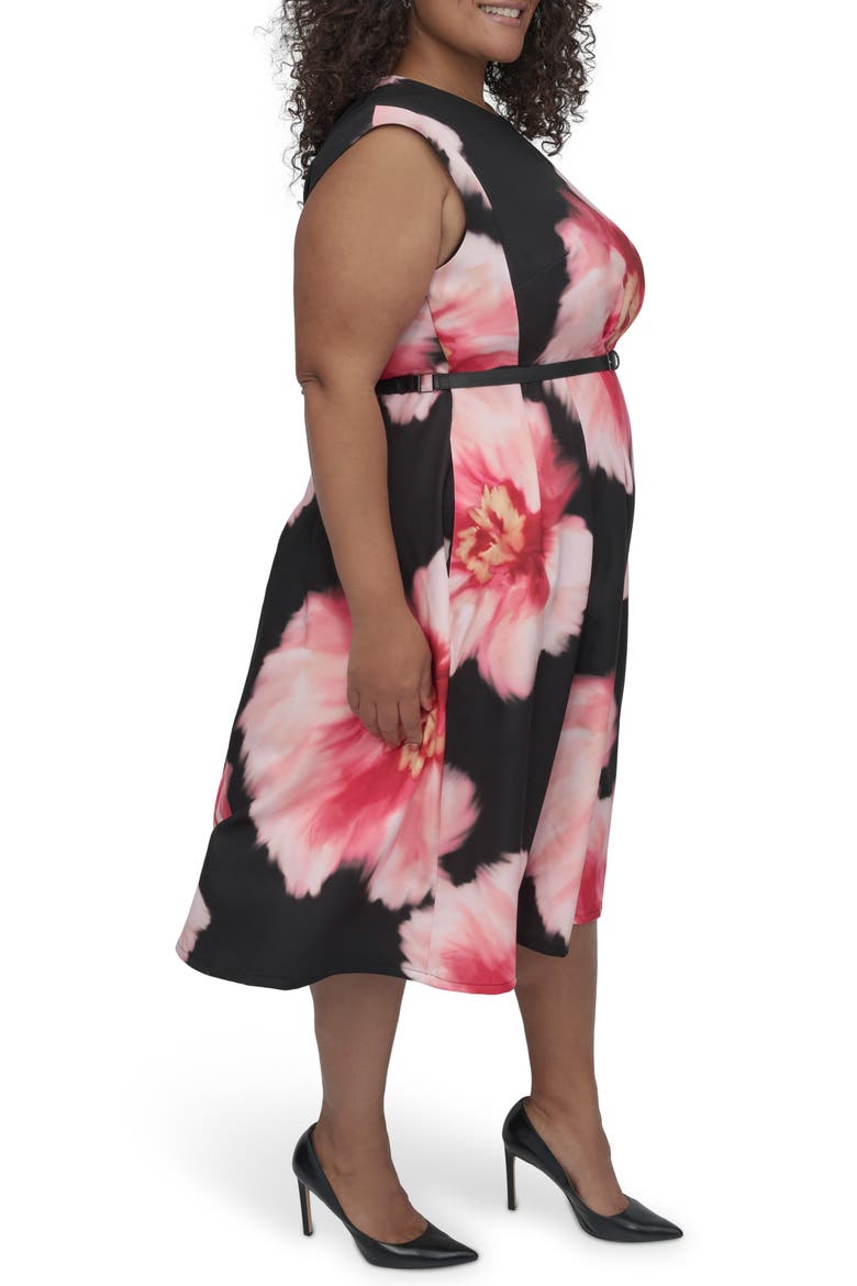 Floral Cap Sleeve Belted Midi Dress, Alternate, color, BLACK MULTI