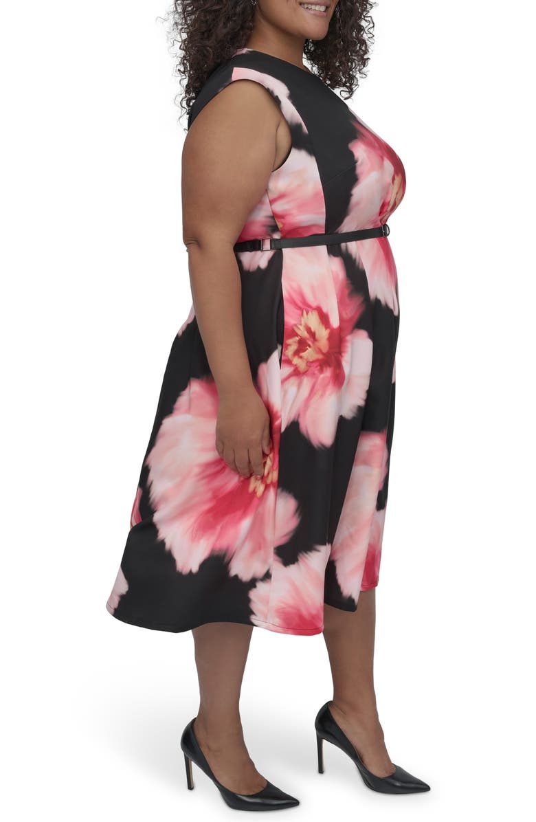 DKNY Floral Cap Sleeve Belted Midi Dress, Alternate, color, Black Multi