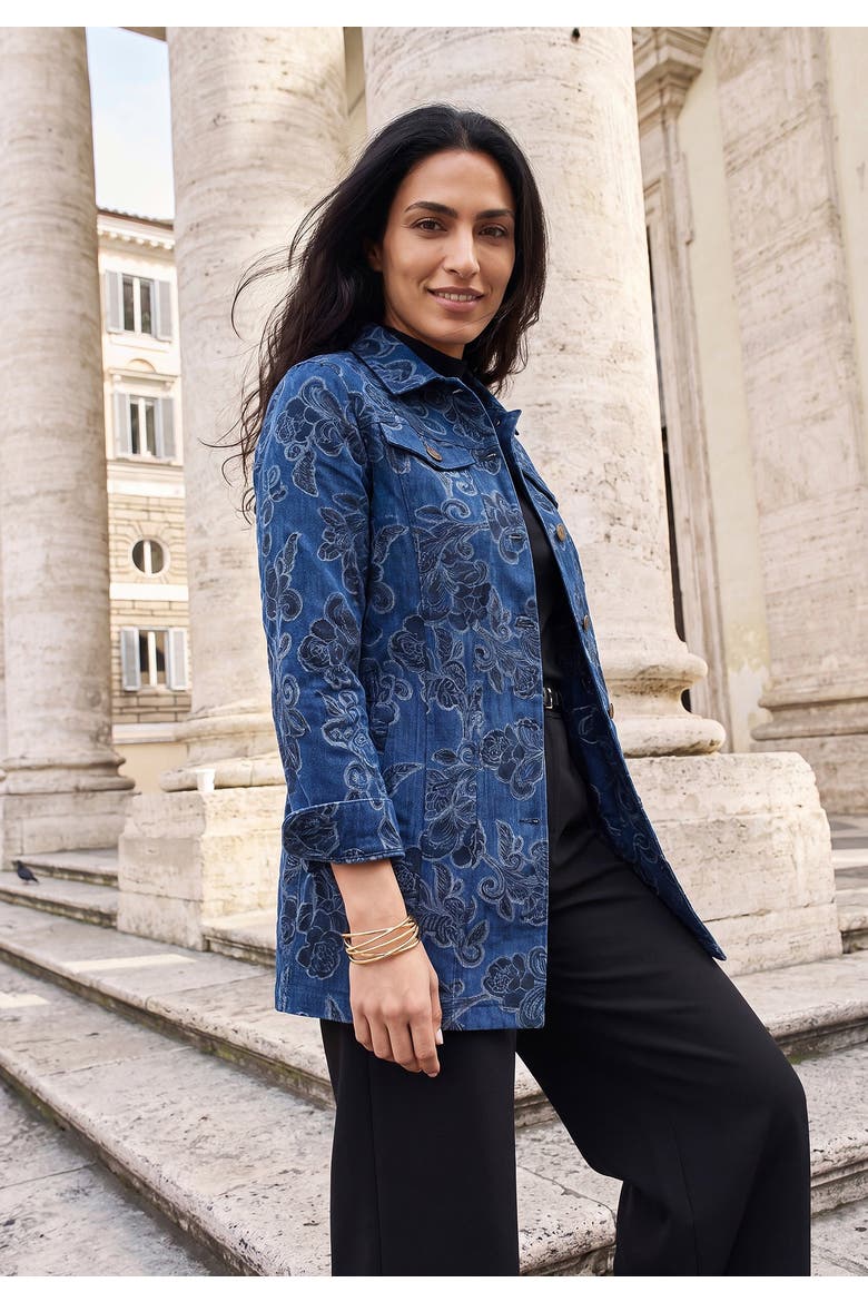 Long Denim Jacket, Alternate, color, INDIGO ROSE SCROLL
