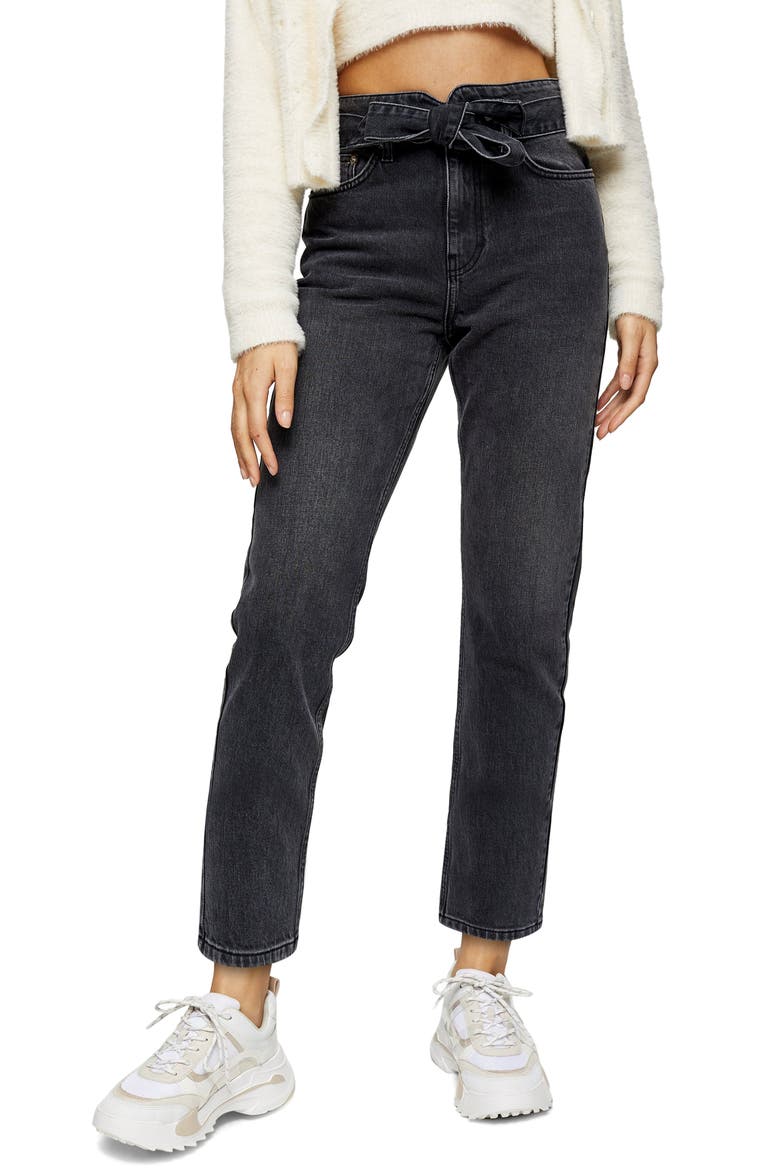Paperbag Waist Straight Leg Jeans, Main, color, WASHED BLACK