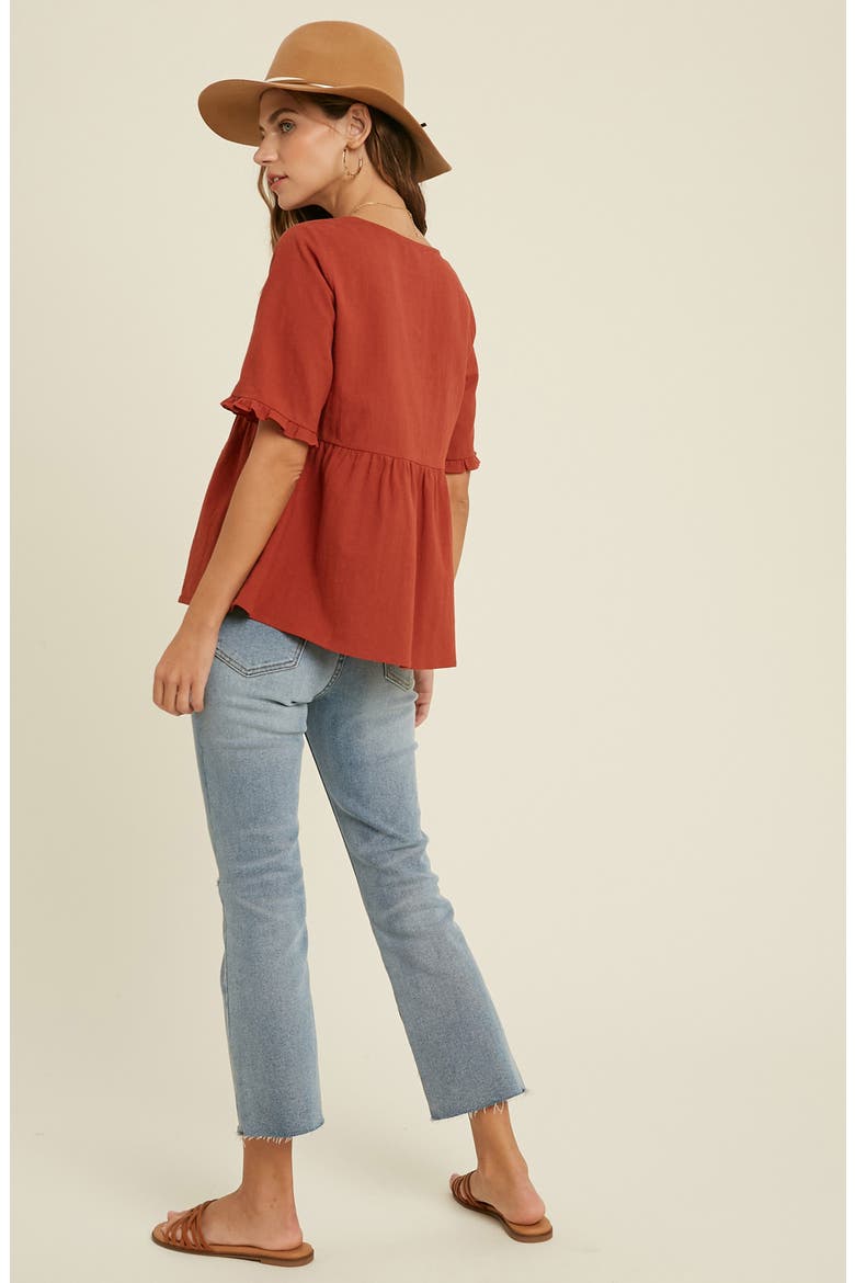 V-Neck Elbow-Length Sleeve Babydoll Top, Alternate, color, RUST