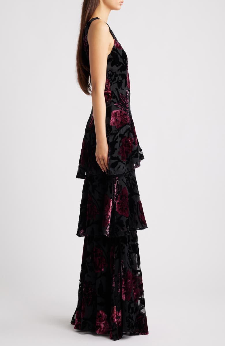 Lulus Elodie One Shoulder Burnout Floral Tiered Dress, Alternate, color, Black Multi