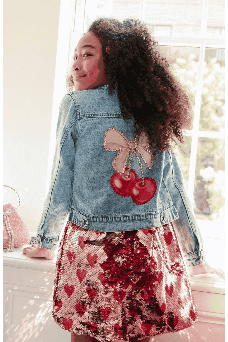 Crystal Cherry Bow Denim Jacket, Alternate, color, Blue