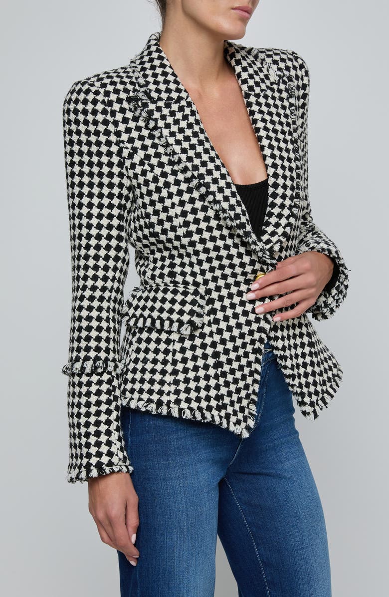 L'AGENCE Kaisley Fray Hem One-Button Blazer, Alternate, color, Black/ Ivory Diamond Tweed
