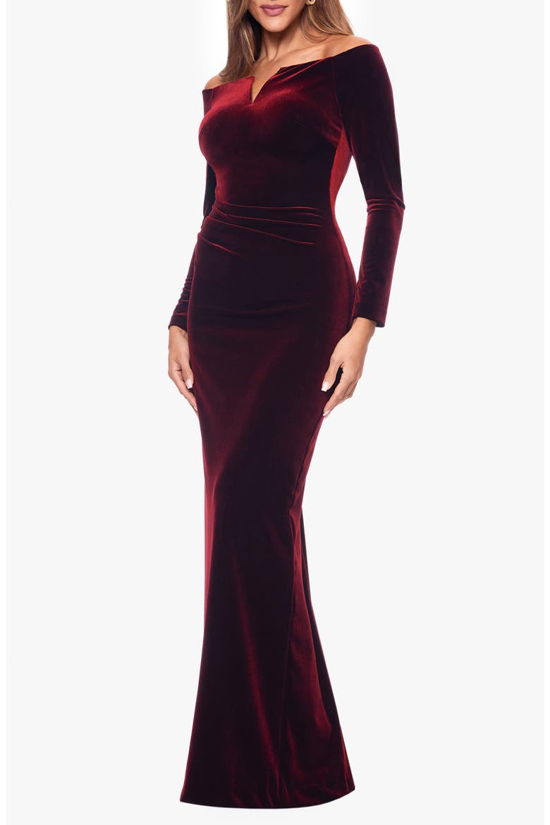 Off the Shoulder Long Sleeve Velvet Gown, Alternate, color, BURGUNDY