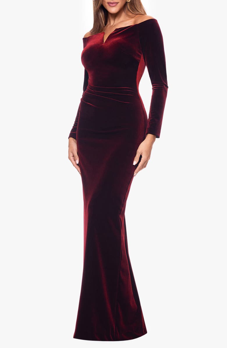 Xscape Evenings Off the Shoulder Long Sleeve Velvet Gown, Alternate, color, Burgundy
