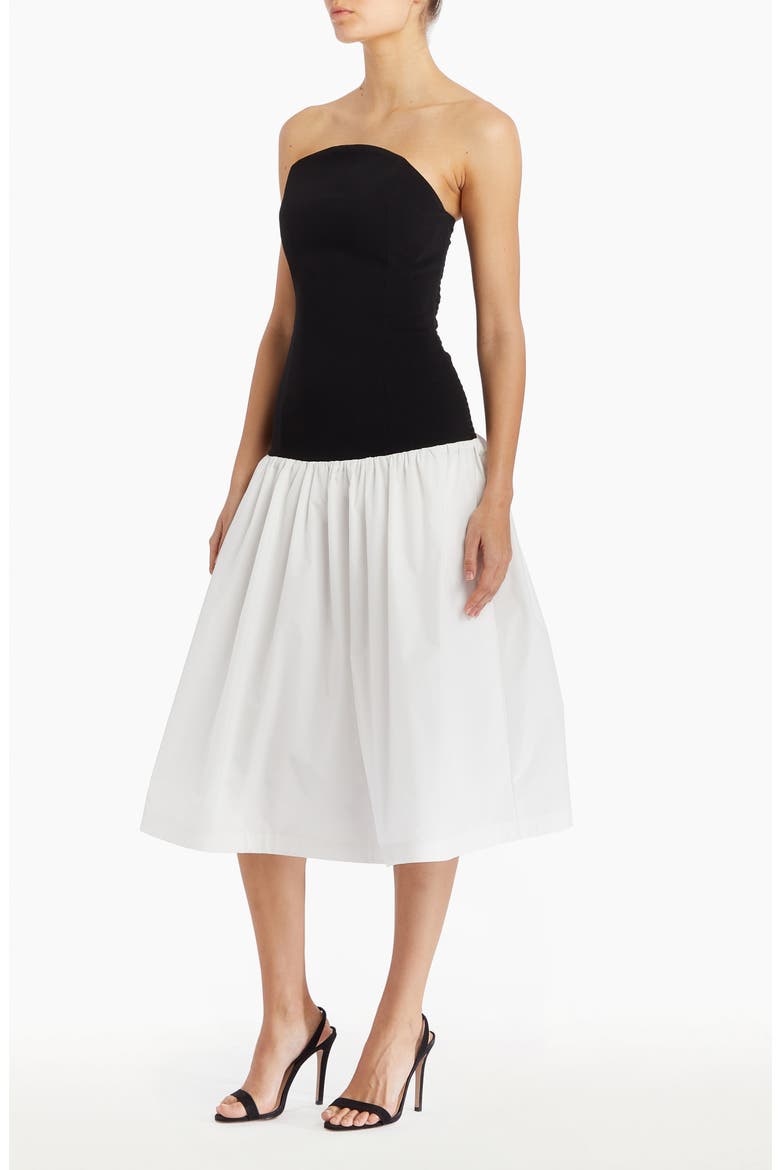 Valencia Strapless Mixed Media Midi Dress, Alternate, color, BLACK/ WHITE