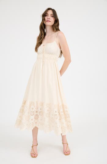 Embroidered Eyelet Empire Waist Midi Dress