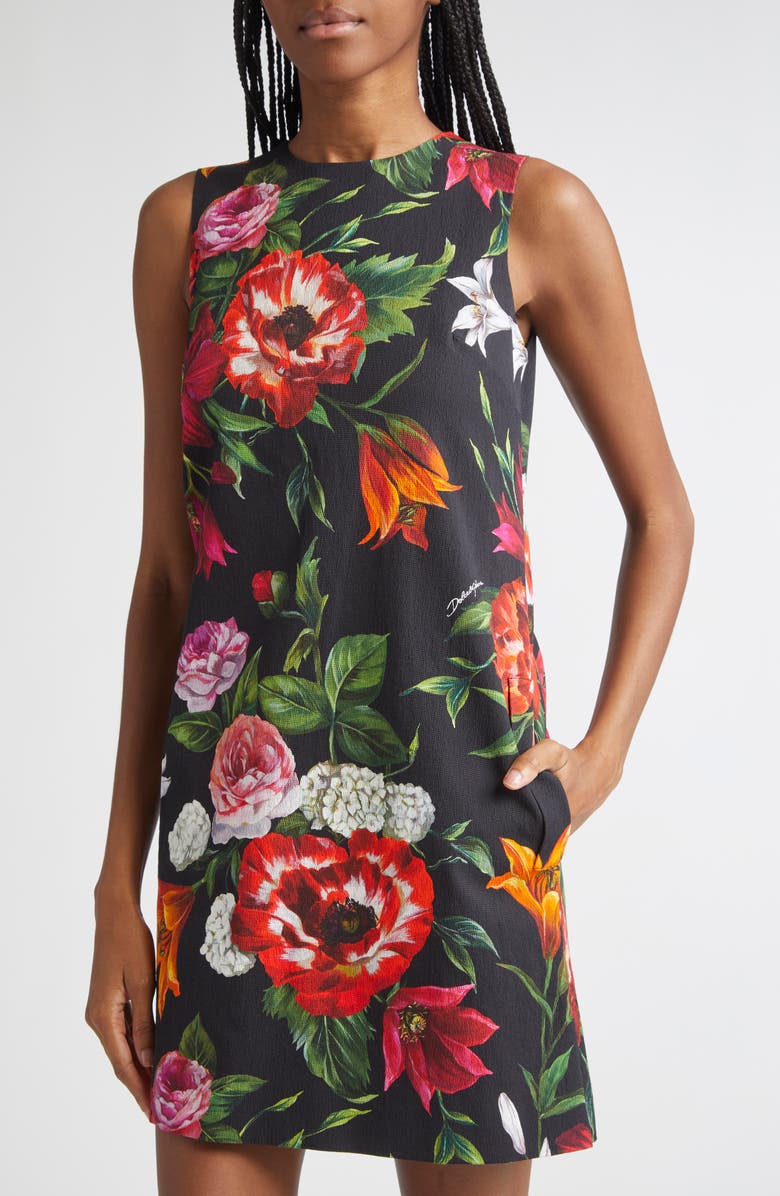 Dolce&Gabbana Floral Print Stretch Faille Shift Dress, Alternate, color, Hn5pb Anemoni Gigli F.nero