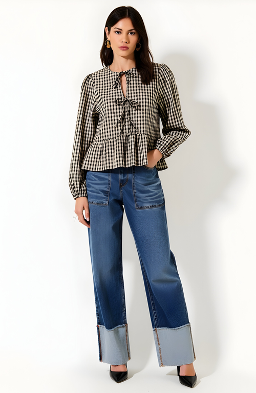 Modenaire Gingham Peplum Blouse With Front Tie And Ruffle Hem In Multi
