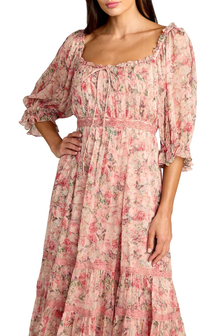Floral Printed Scoop Neck Midi Dress With 3/4 Sleeves, Alternate, color, Pink Multi