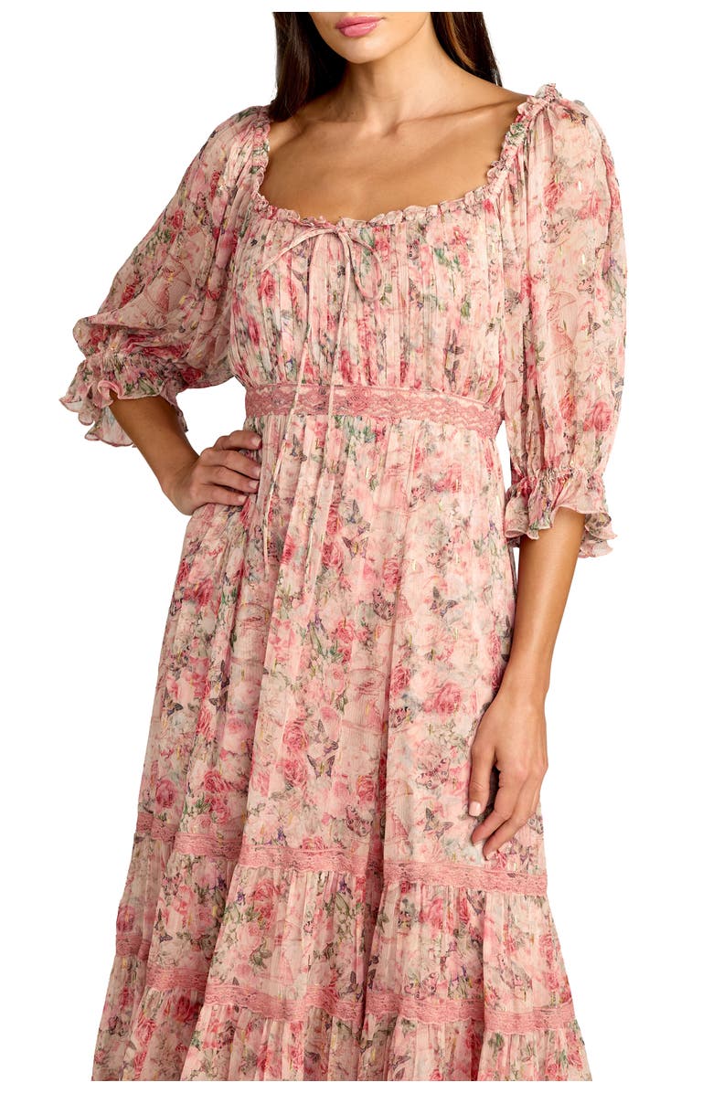 Mac Duggal Floral Printed Scoop Neck Midi Dress With 3/4 Sleeves, Alternate, color, Pink Multi
