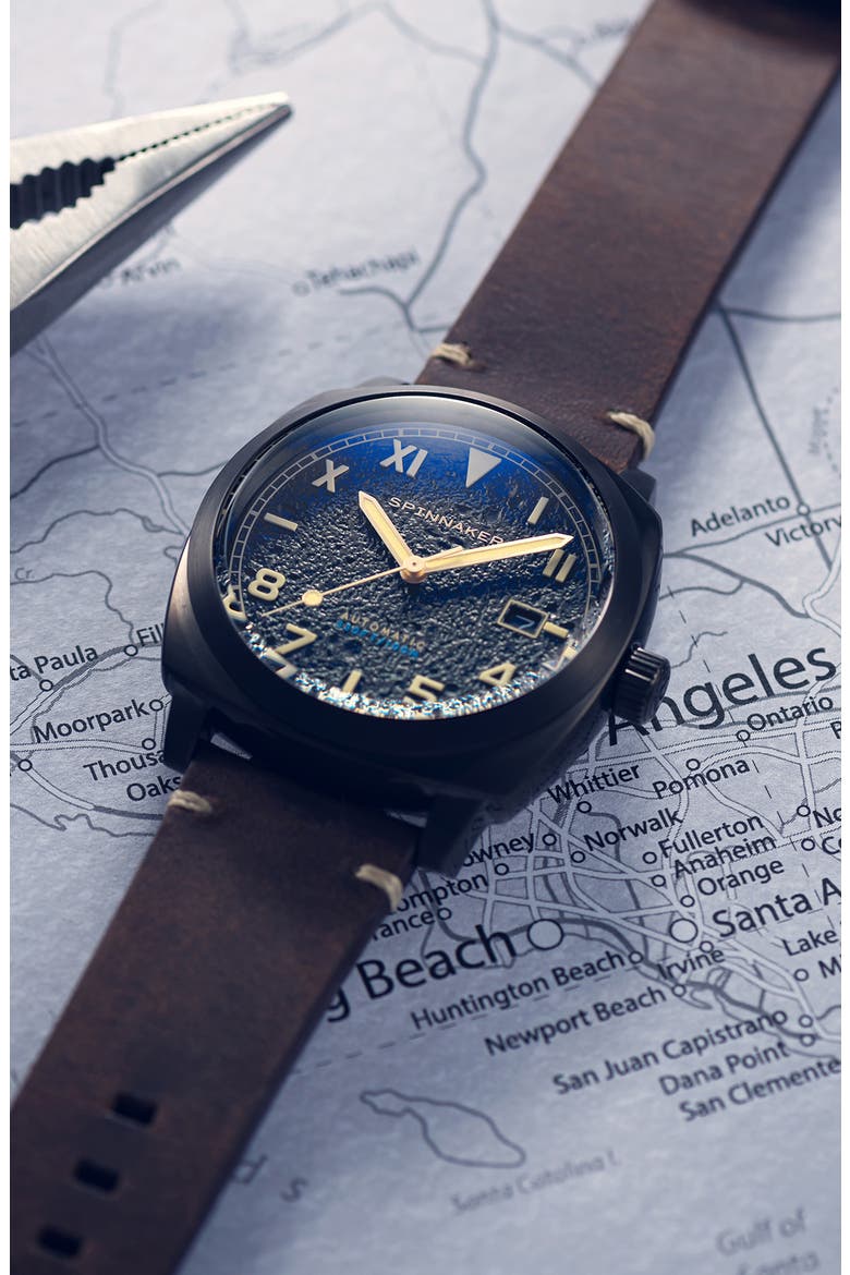 Hull California Automatic Leather Strap Watch, 42mm, Alternate, color, BLACK