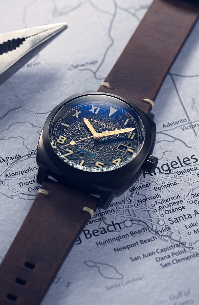 SPINNAKER Hull California Automatic Leather Strap Watch, 42mm, Alternate, color, Black