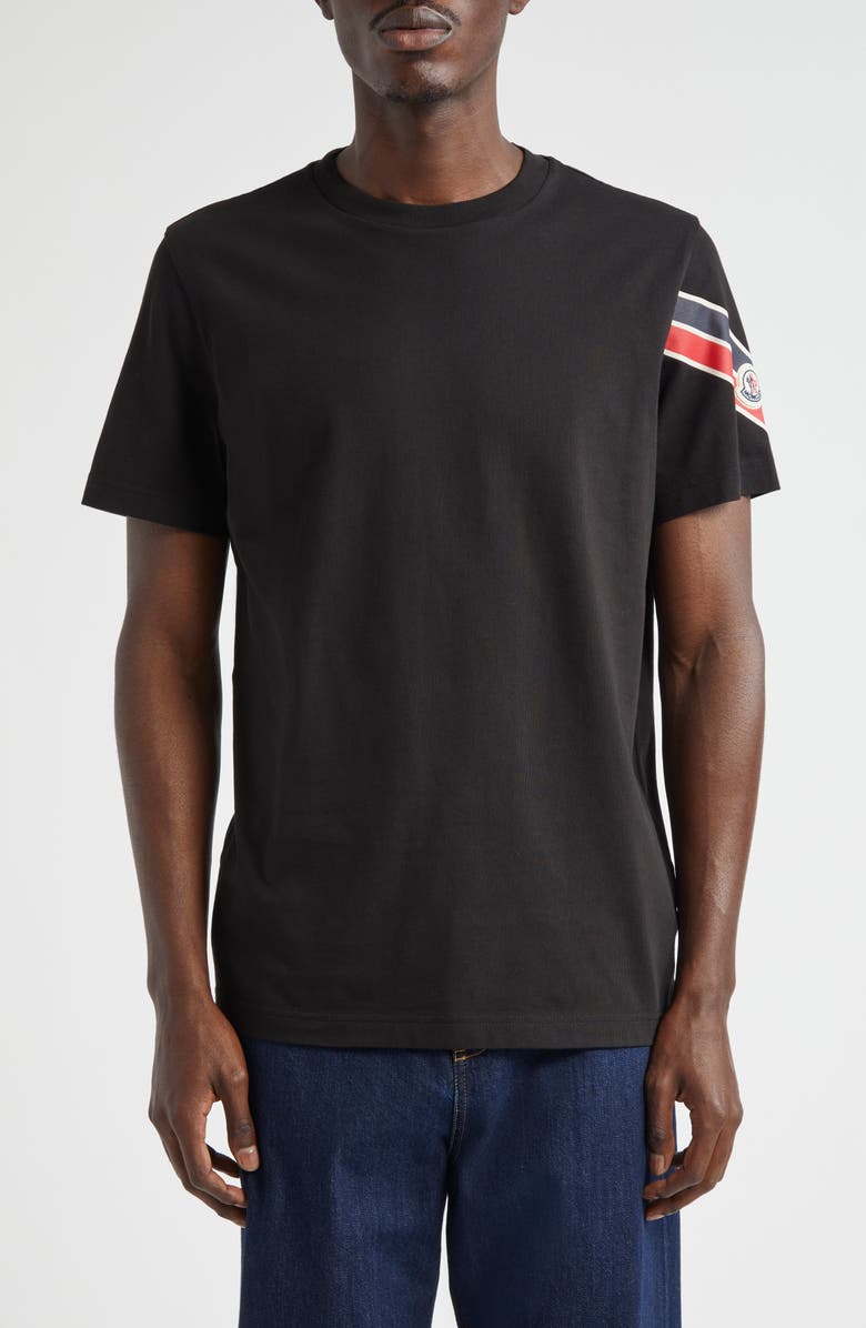 Moncler Stripe Logo Cotton T-Shirt, Main, color, Black
