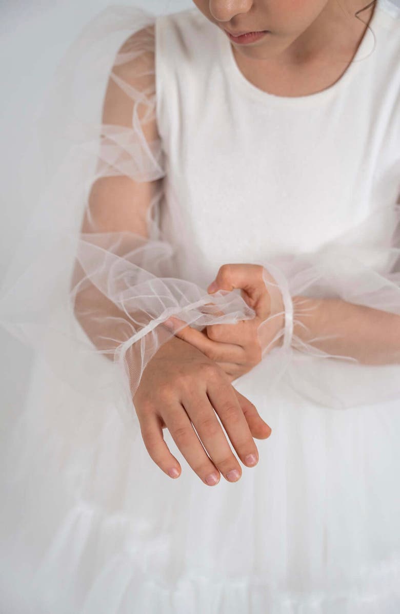 Mini Celebrities Grace Balloon Sleeve Velvet Tulle Dress, Alternate, color, White Lily