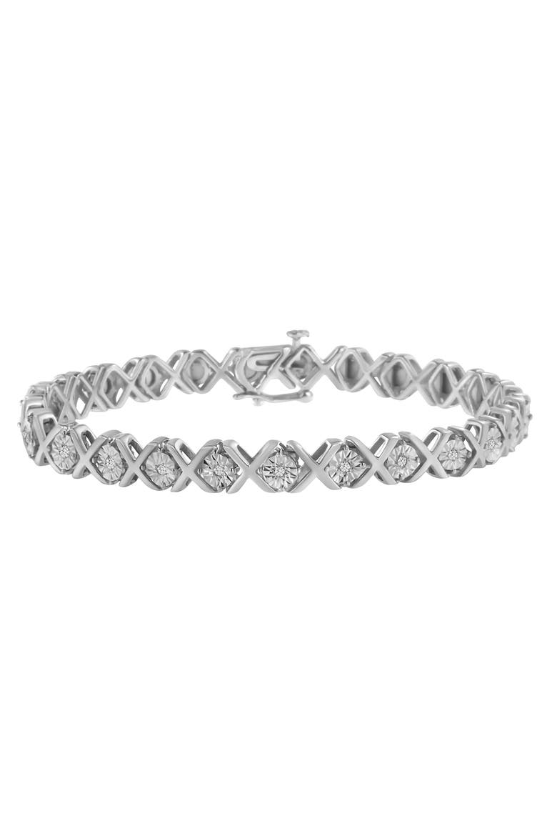Silver 1/10 cttw Miracle-Set Round-Cut Diamond "X" Link Tennis Bracelet, Main, color, White