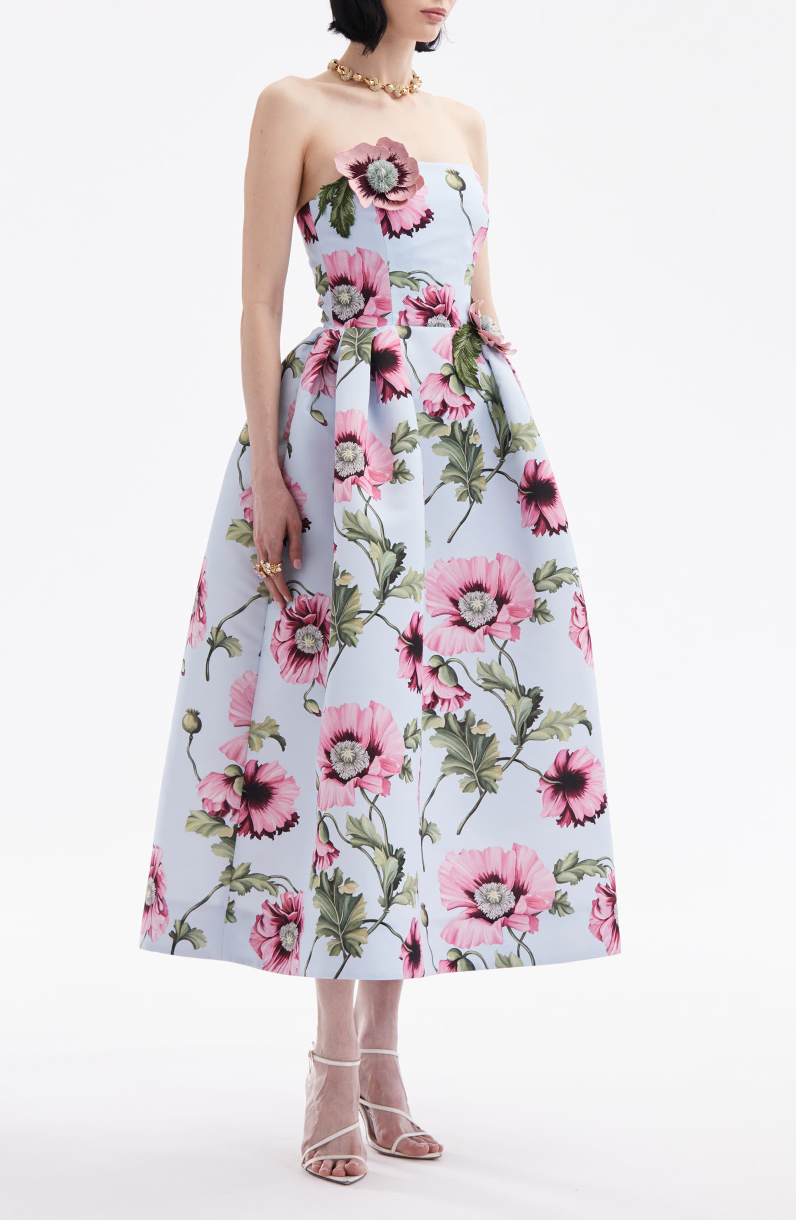 Oscar de la Renta Poppies Strapless Cocktail Midi Dress (Women ...