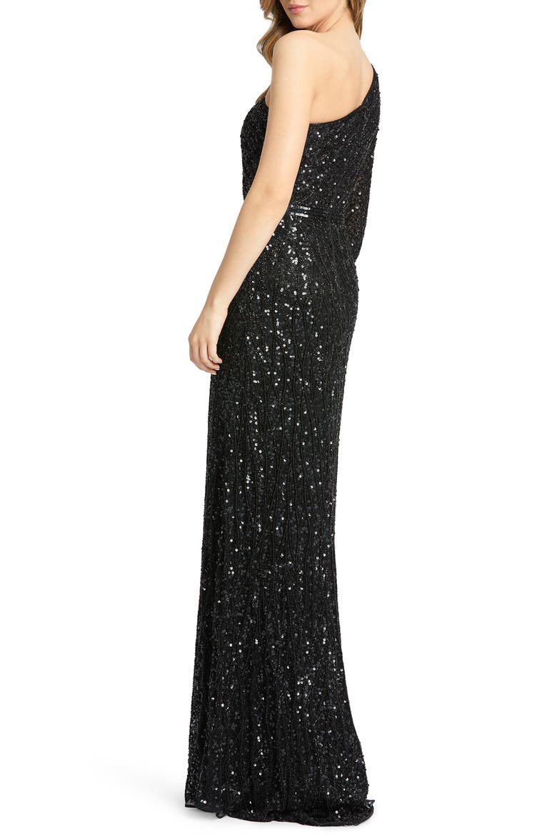 Sequin Embellished One-Shoulder Long Sleeve Gown, Alternate, color, BLACK