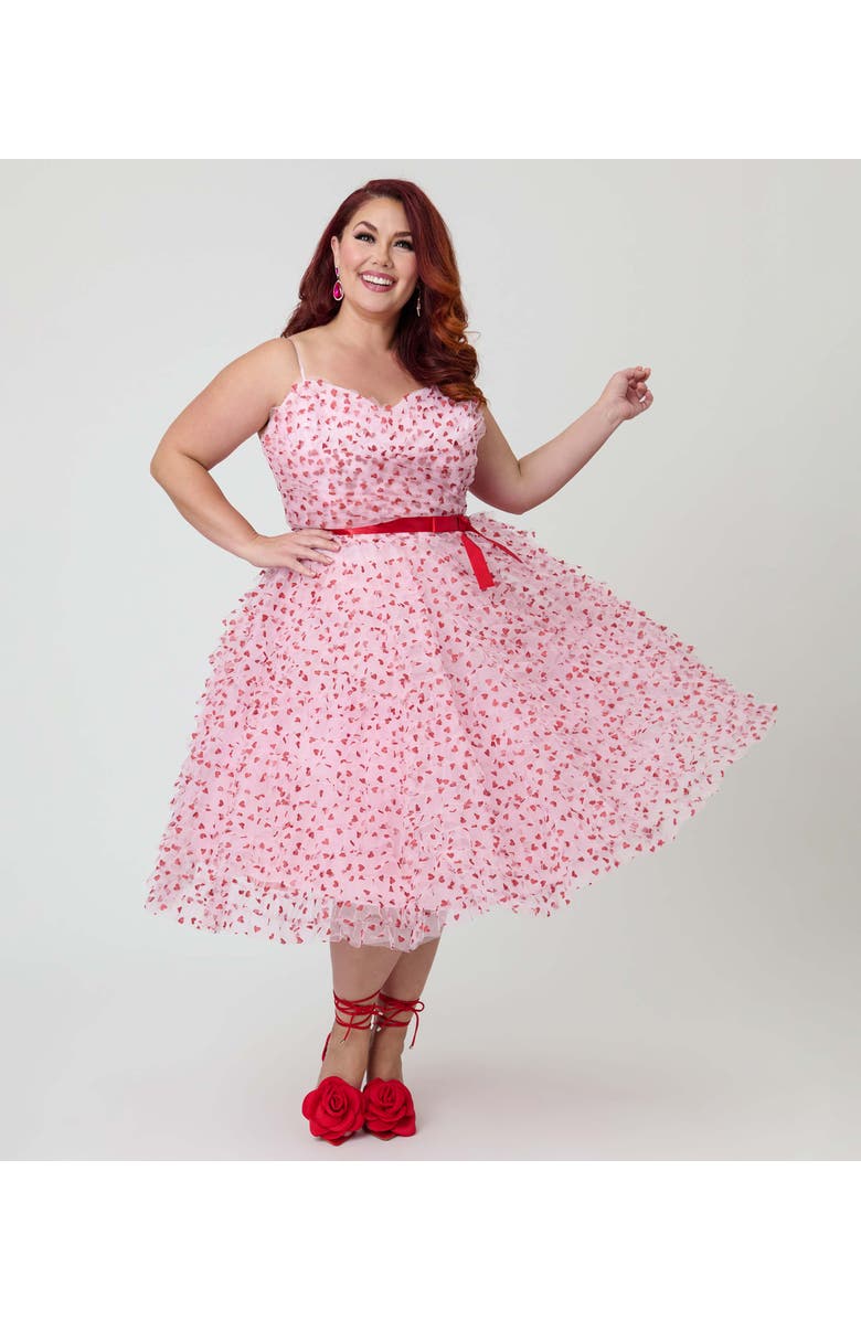 Unique Vintage Plus Size Tulle Sweetheart Cupcake Swing Dress, Main, color, Pink W/ Red Hearts