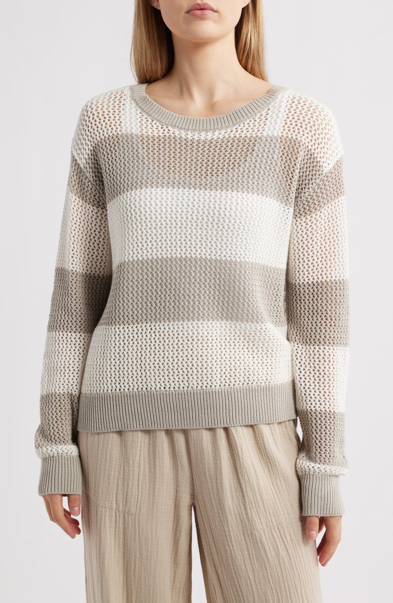 beachlunchlounge Tresa Stripe Crochet Crewneck Sweater, Main, color, Natural/Ivory