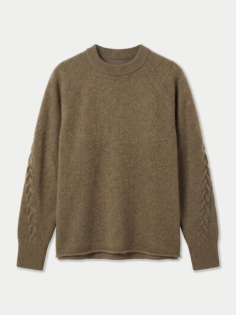 Cashmere Cable-sleeve Crewneck Sweater