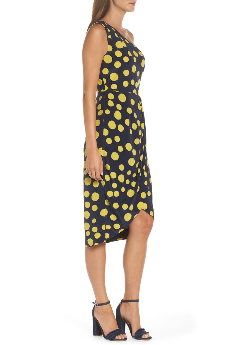 Polka Dot One-Shoulder Silk Dress, Alternate, color, NAVY