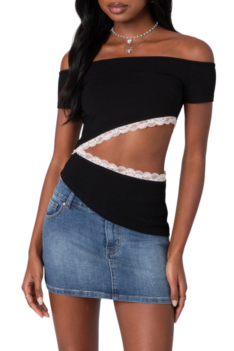 Annaise Off the Shoulder Cutout T-Shirt, Main, color, BLACK