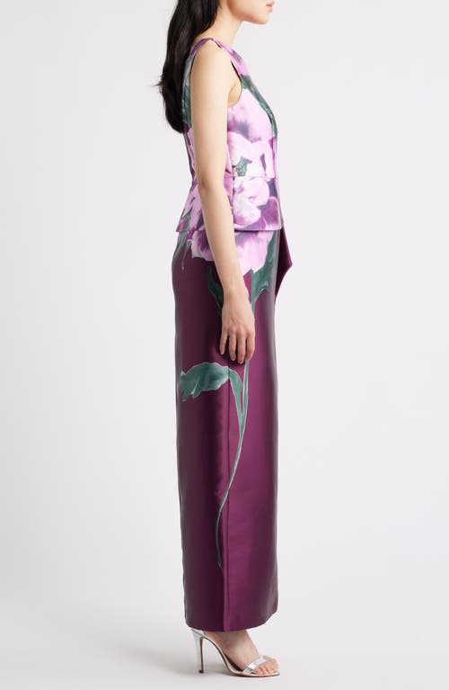 Kay Unger Luciana Placed Floral Column Gown In Purple