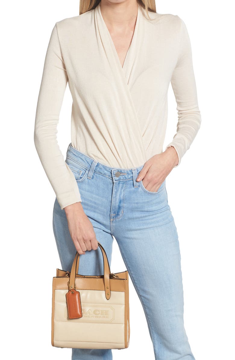 COACH Quilted Colorblock Badge Leather Tote, Alternate, color,