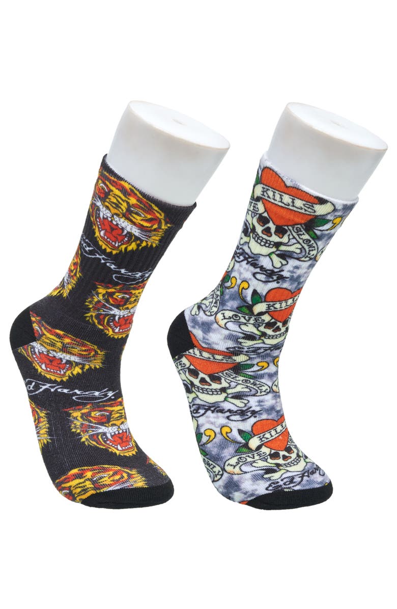 Ed Hardy 360 Print Full Cushion Crew Sock 2-Pack, Main, color, Grey