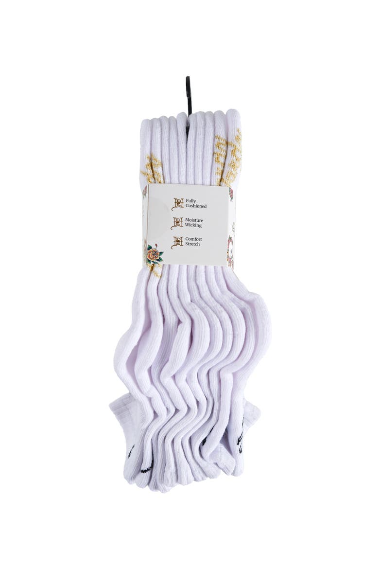 Heart Flame Print Full Cushion Mid Crew Sock 5-Pack, Alternate, color, White Multi