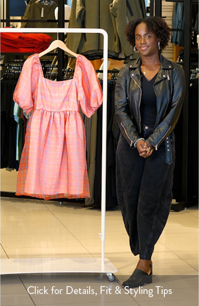 Checker Print Puff Sleeve Babydoll Minidress, sales video thumbnail