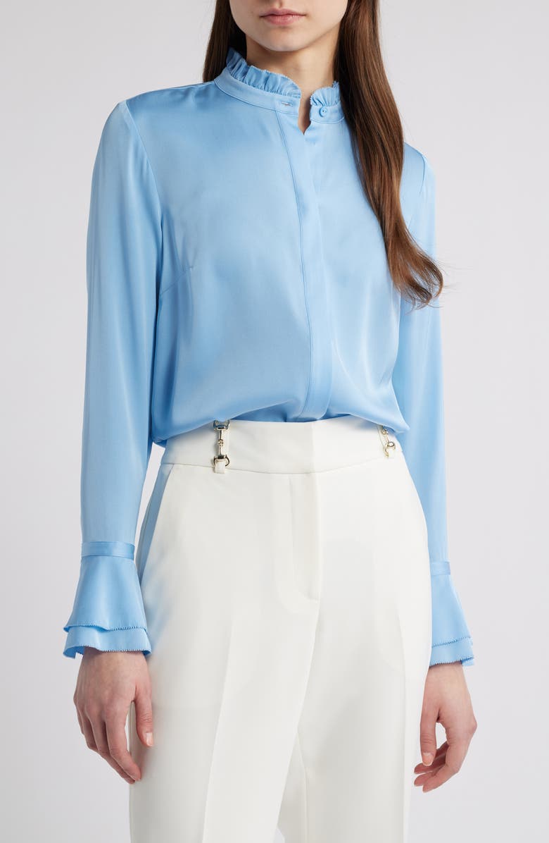 Elie Tahari The Adair Ruffle Stretch Silk Button-Up Shirt, Main, color, 