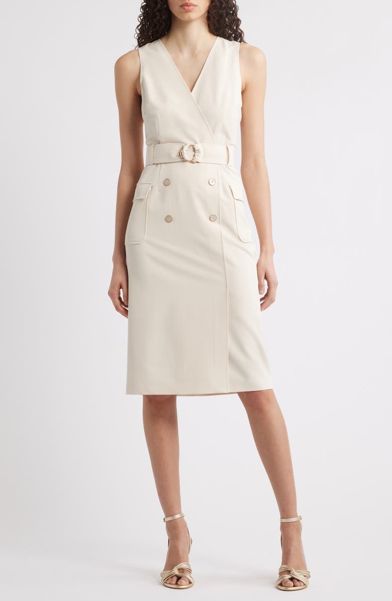 Tahari ASL Belted Sleeveless Faux Wrap Dress, Main, color, Ecru